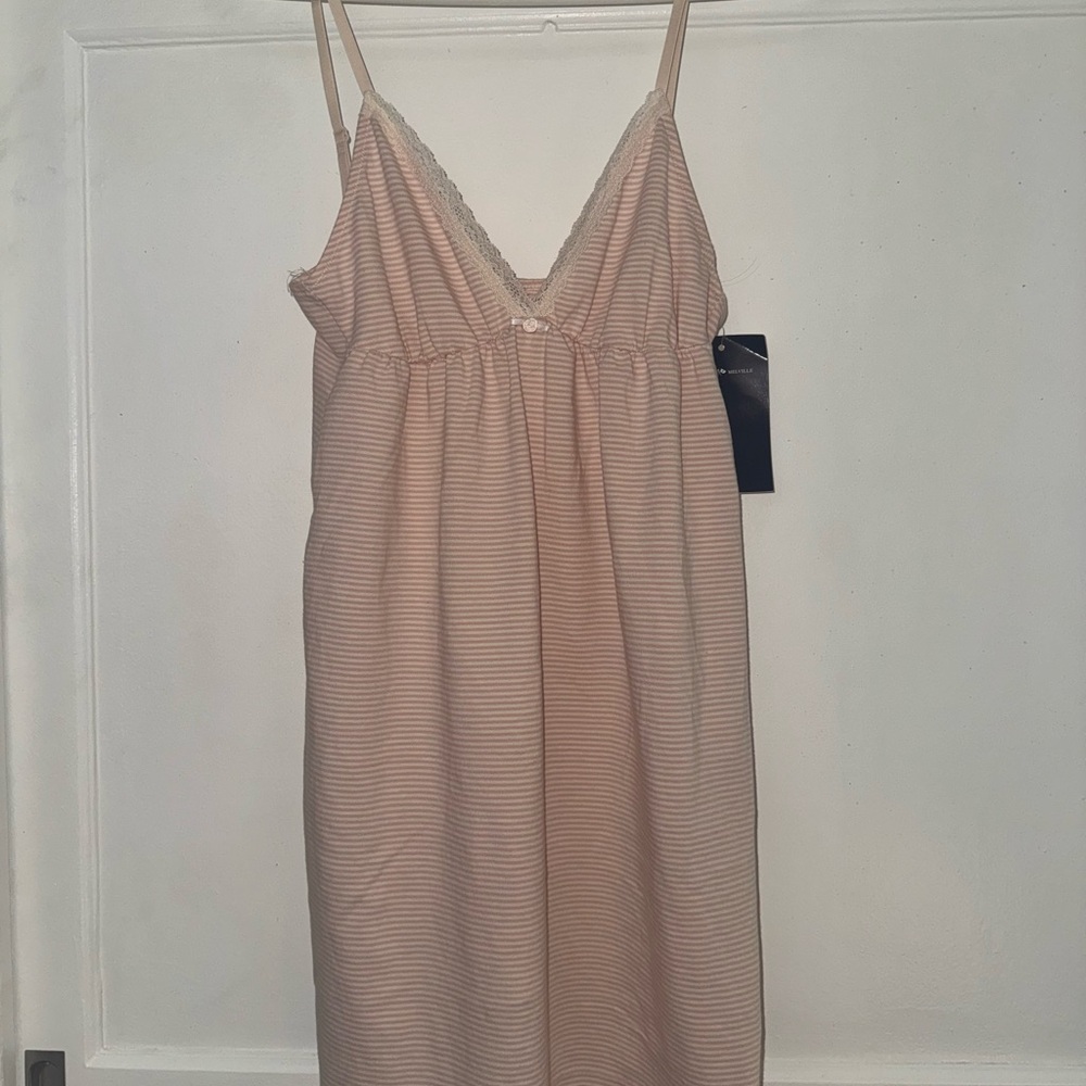 Brandy cream and pink striped mini dress with adjustable straps and lace trim